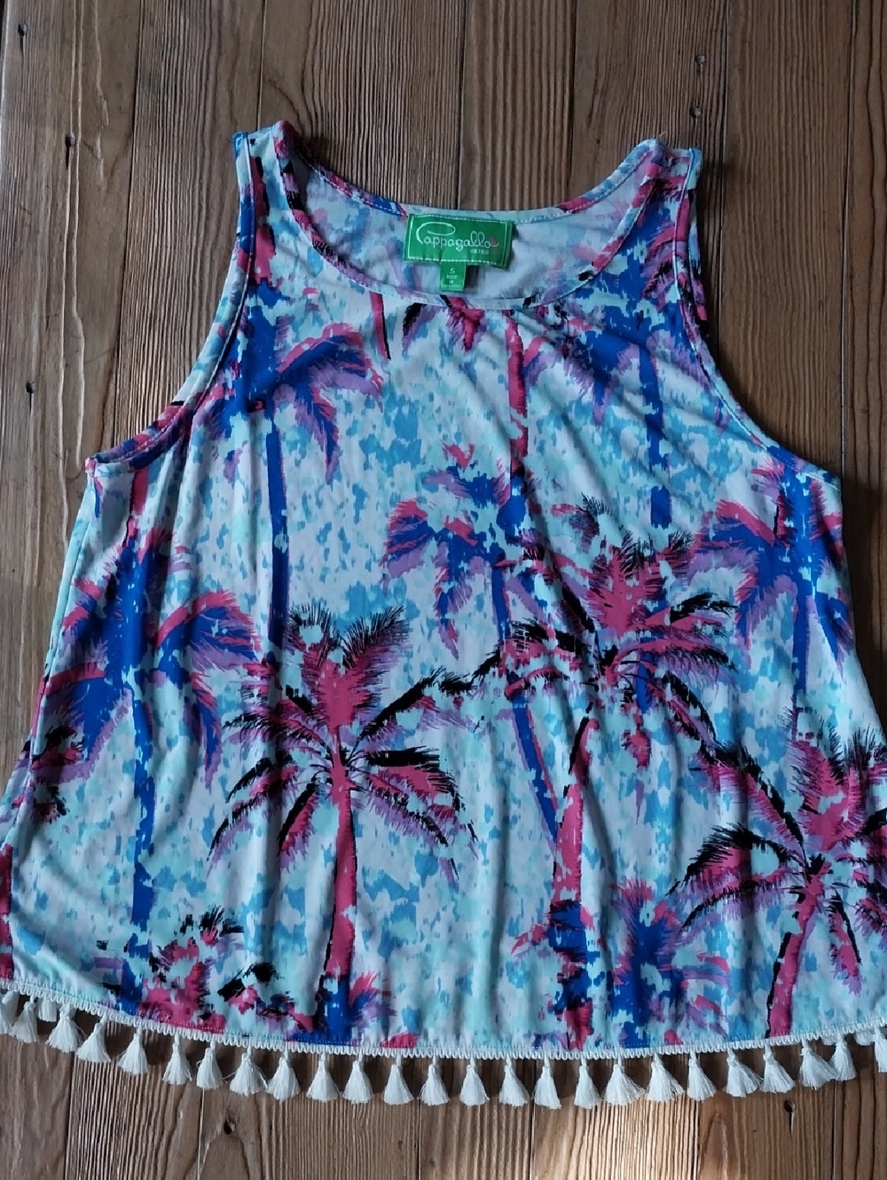 Pappagallo Blue & Pink Palm-Print Tassel Tank